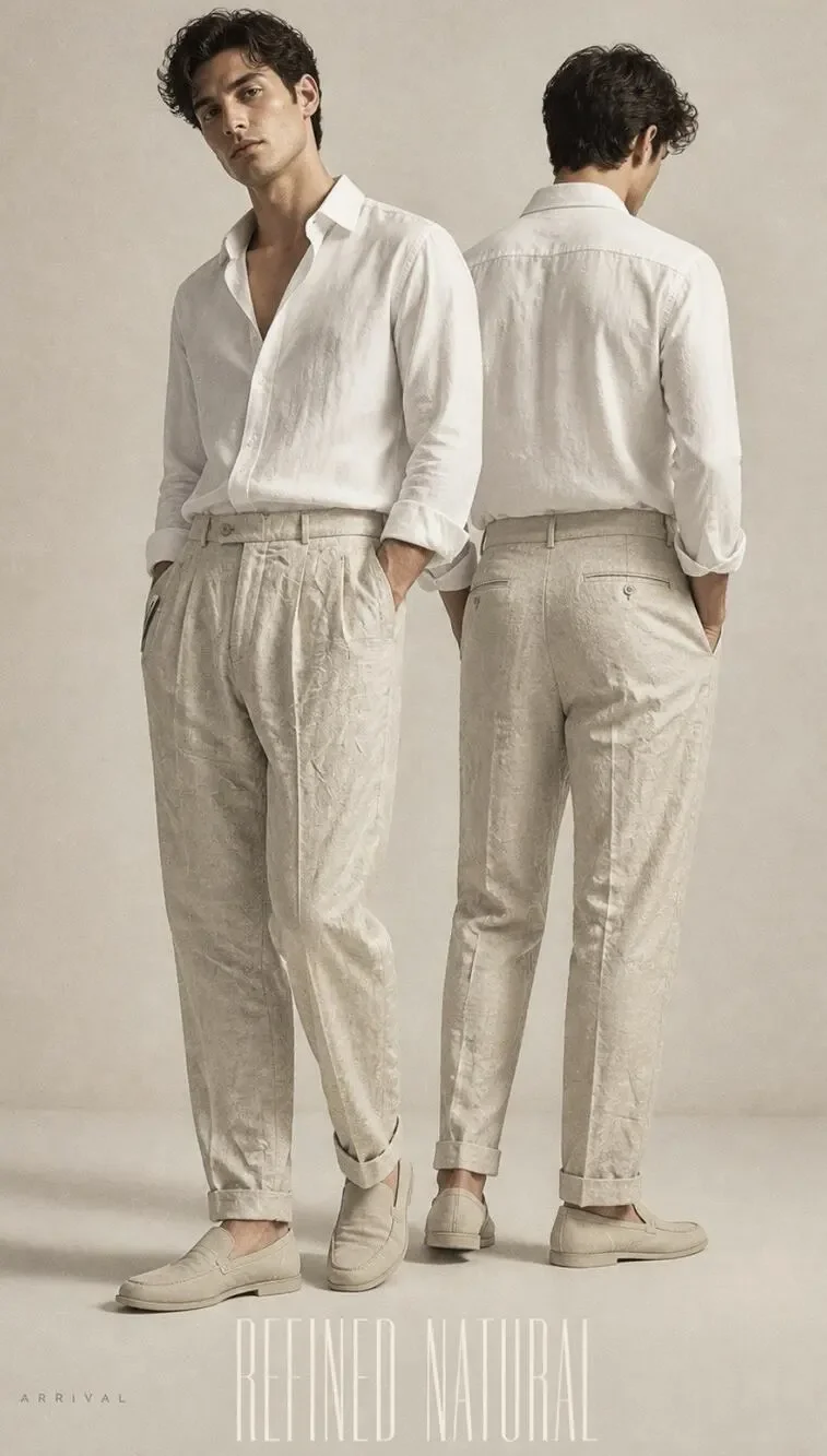 Perry Ellis Preppy Chinos Relaxed Pleated Linen Blend Pants Beige Mens Sz 36x30